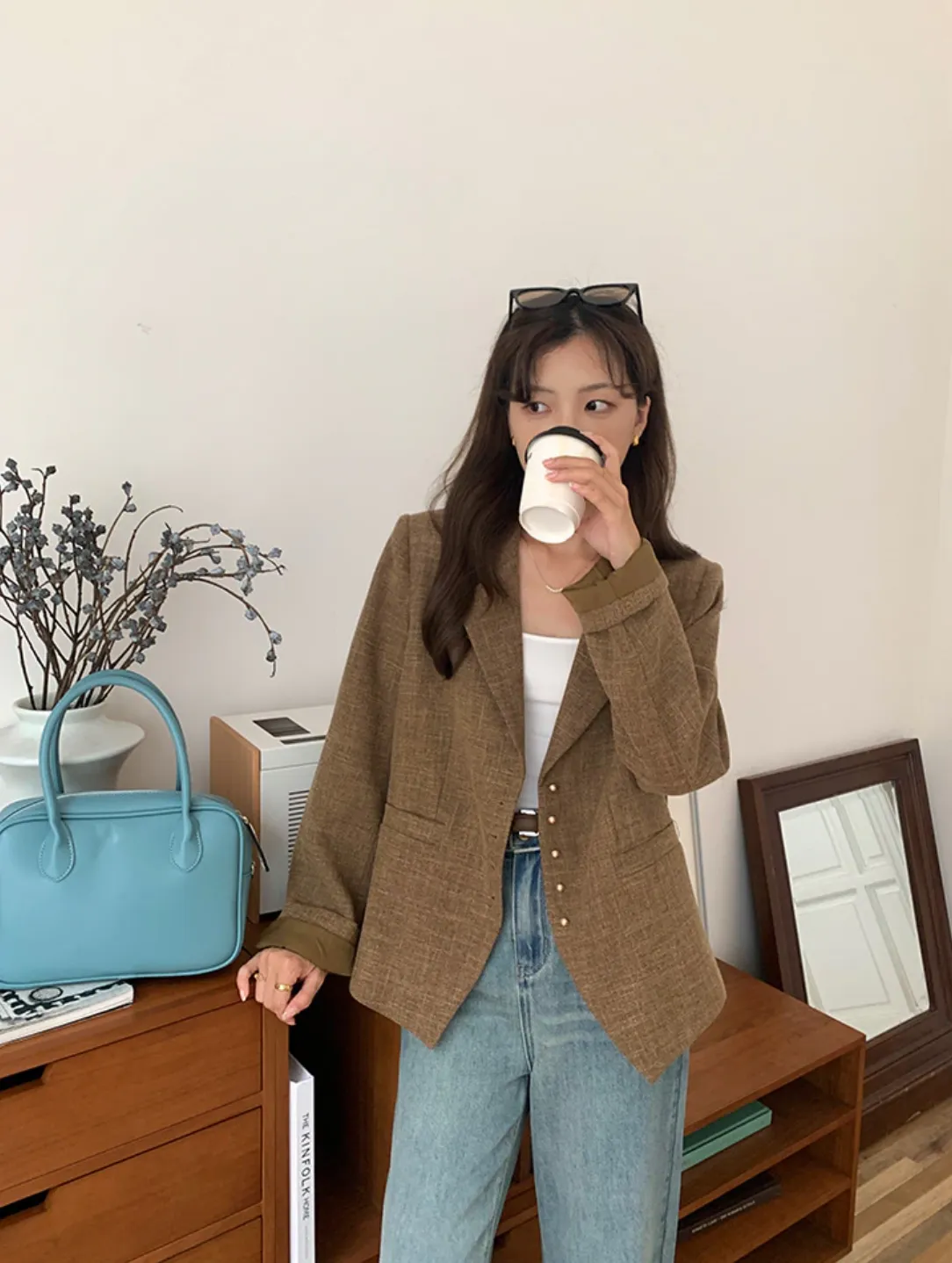 [Korean Style] High Quality Vintage Style Brown Single Breasted Blazer