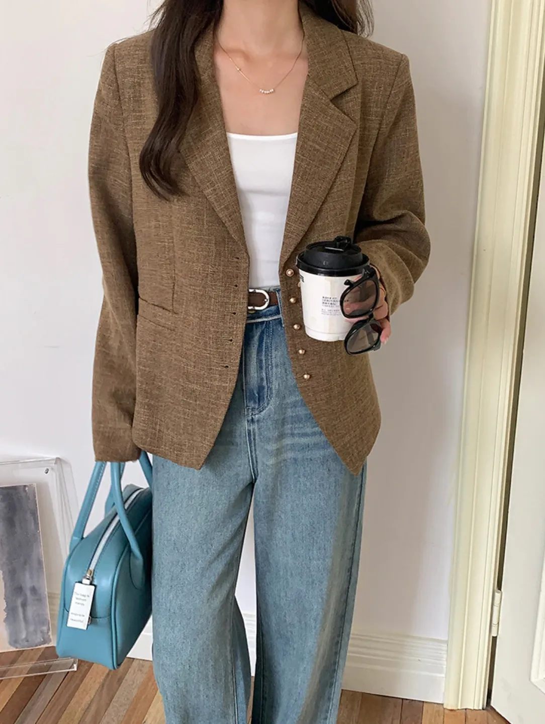 [Korean Style] High Quality Vintage Style Brown Single Breasted Blazer
