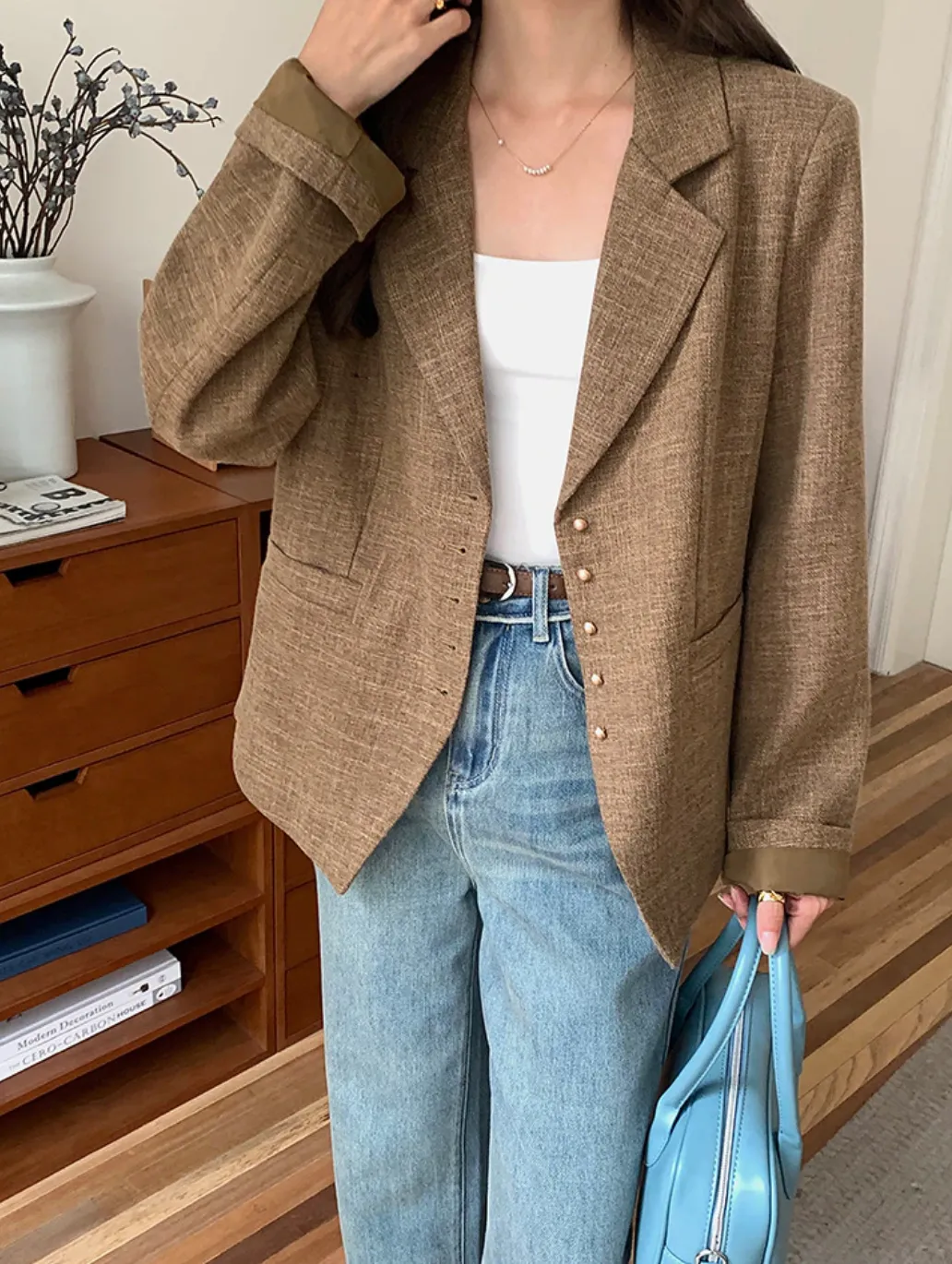 [Korean Style] High Quality Vintage Style Brown Single Breasted Blazer