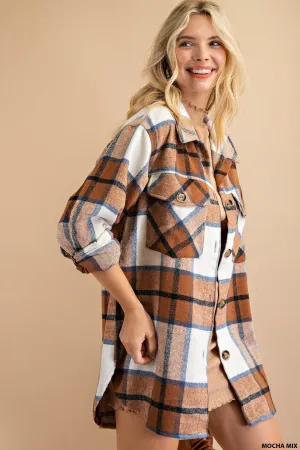 Kori America Mocha Brushed Plaid Shacket