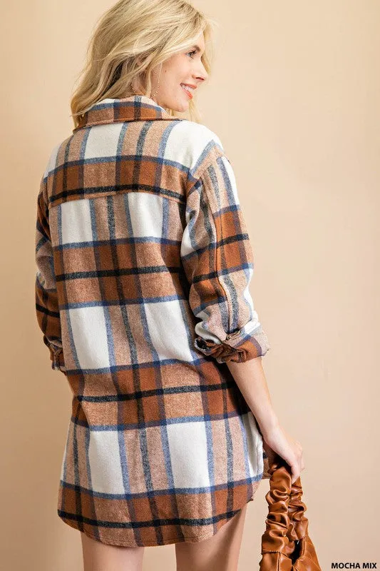 Kori America Mocha Brushed Plaid Shacket