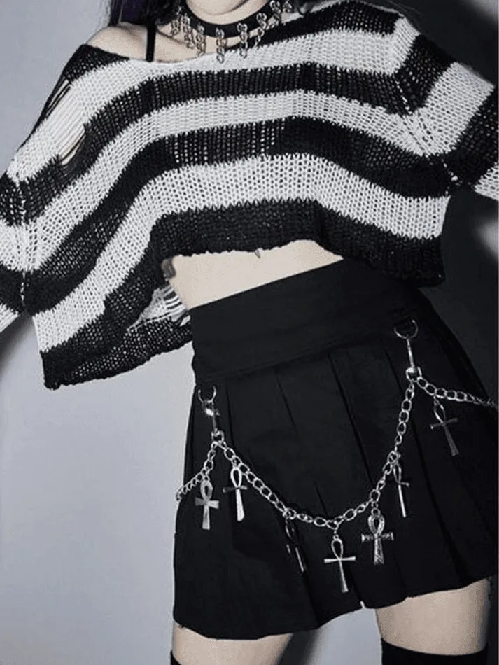LANFUBEISI - Distressed Striped Crop Sweater