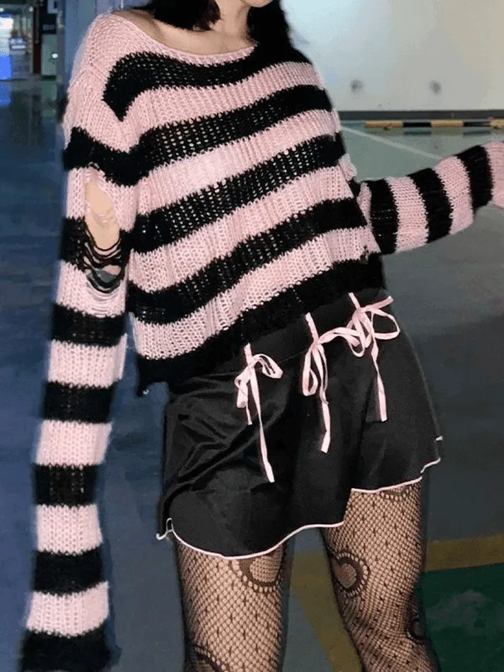 LANFUBEISI - Distressed Striped Crop Sweater