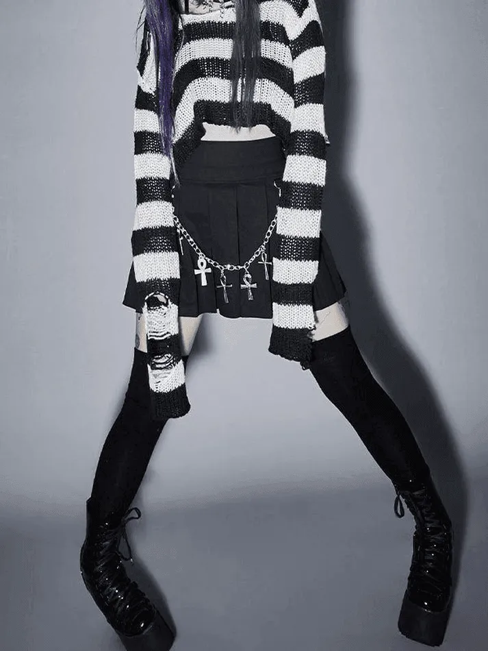 LANFUBEISI - Distressed Striped Crop Sweater