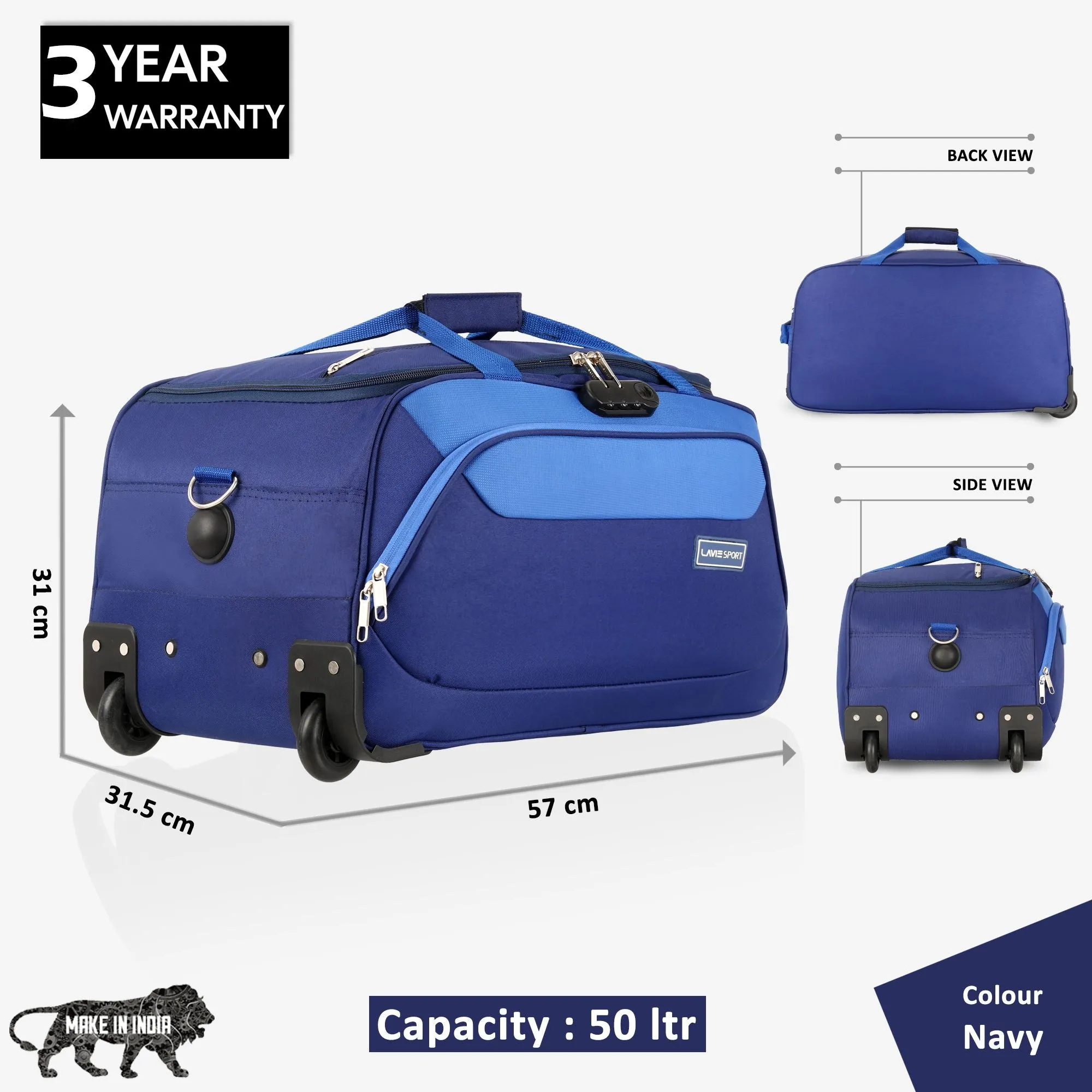Lavie Sport 57 cms Anti-theft Sage Wheel Duffle Bag | Navy