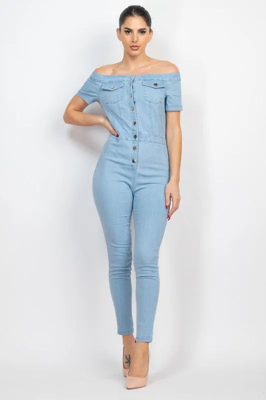 Light Denim Button-Down Off-Shoulder Denim Jumpsuit