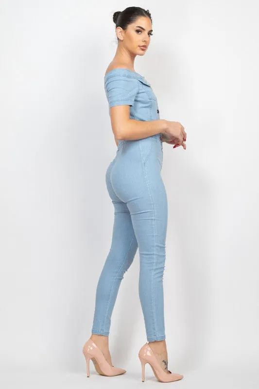 Light Denim Button-Down Off-Shoulder Denim Jumpsuit