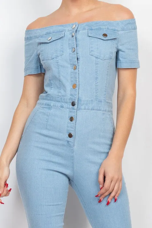 Light Denim Button-Down Off-Shoulder Denim Jumpsuit