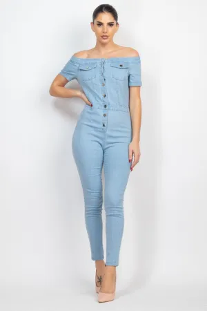 Light Denim Button-Down Off-Shoulder Denim Jumpsuit