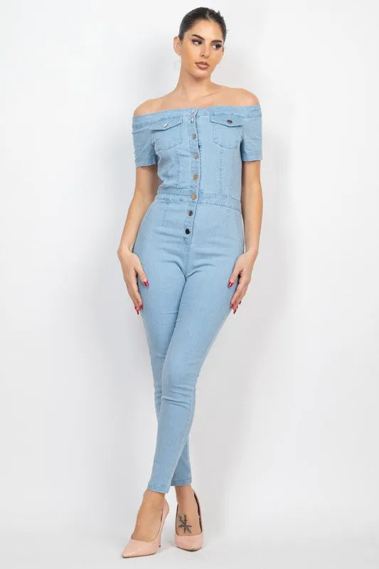 Light Denim Button-Down Off-Shoulder Denim Jumpsuit