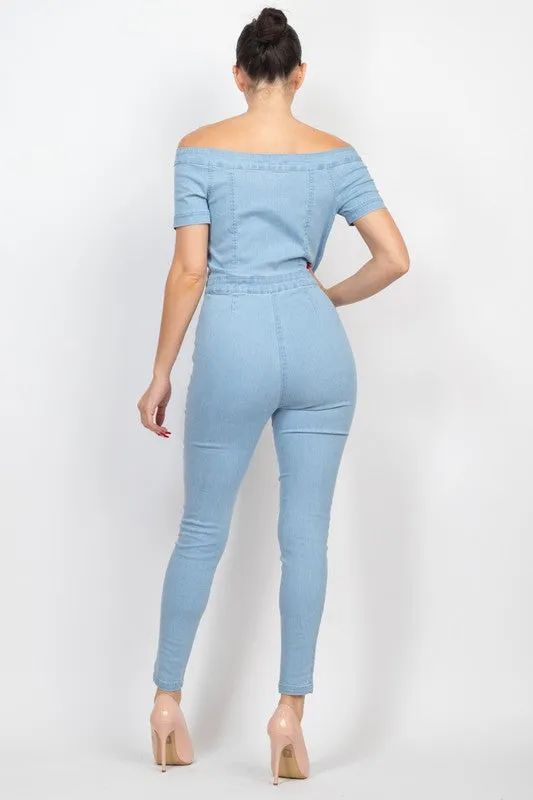 Light Denim Button-Down Off-Shoulder Denim Jumpsuit