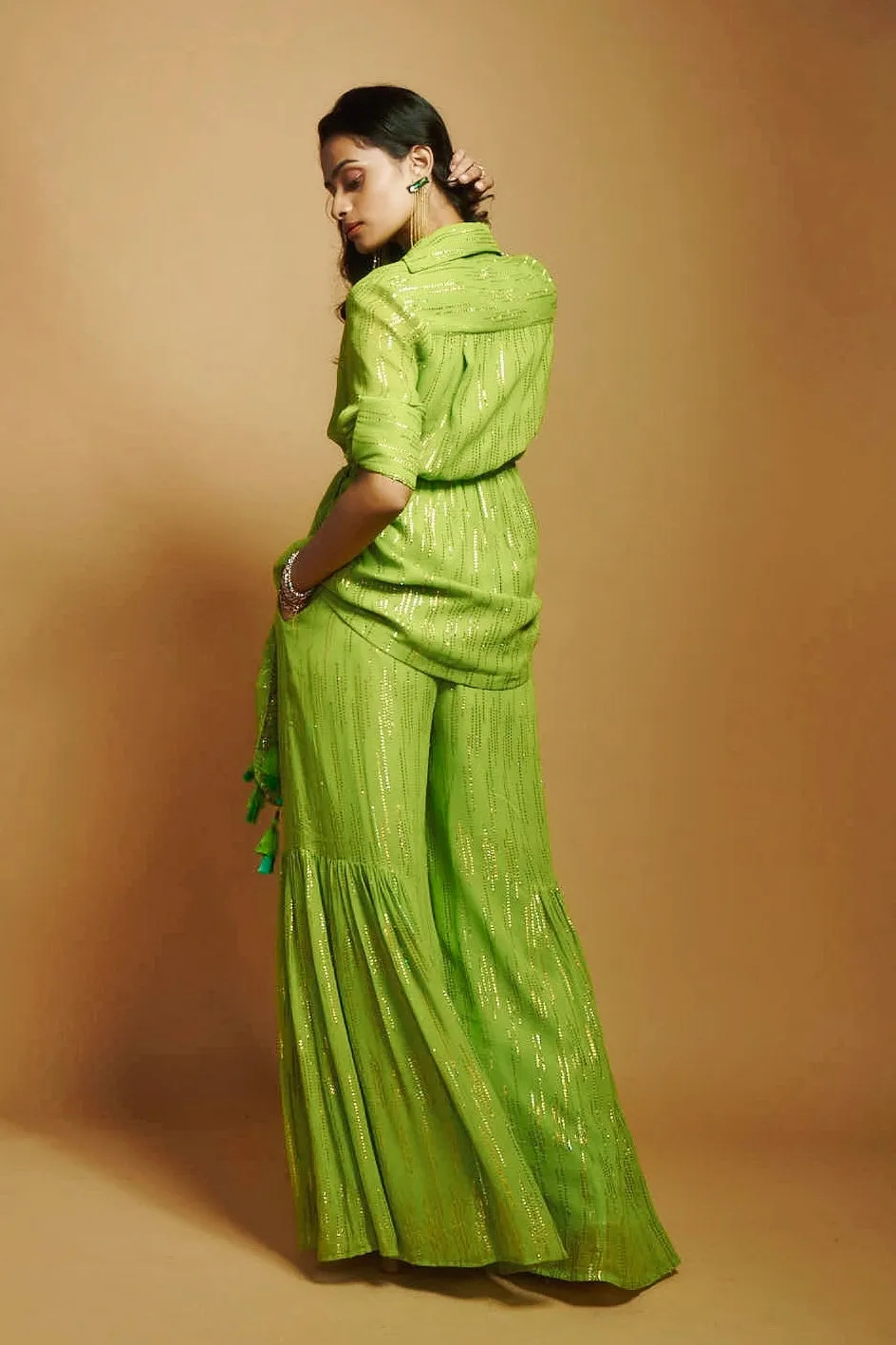 LIME GREEN FLARED GHARARA PANTS