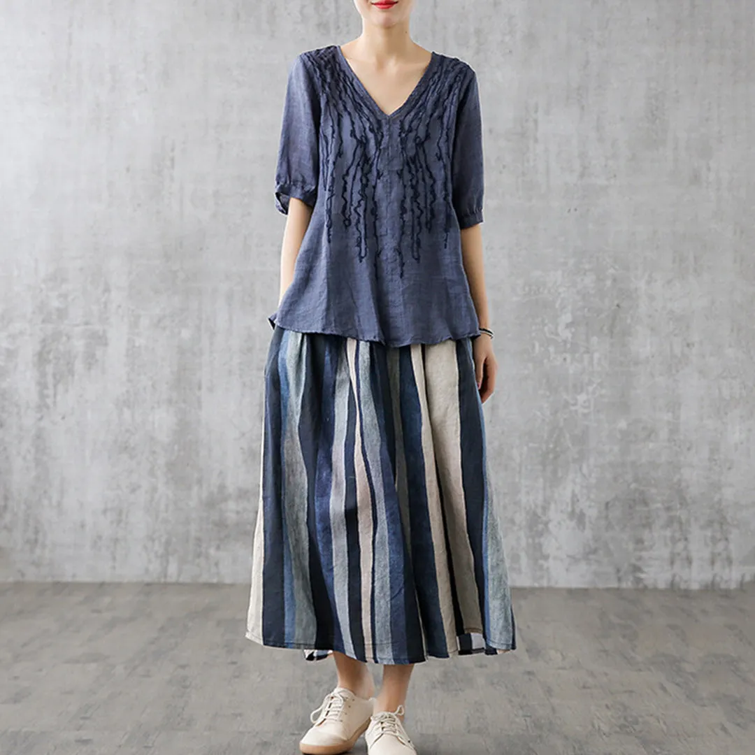 Linen Striped Casual Midi Skirt