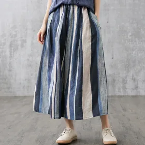 Linen Striped Casual Midi Skirt