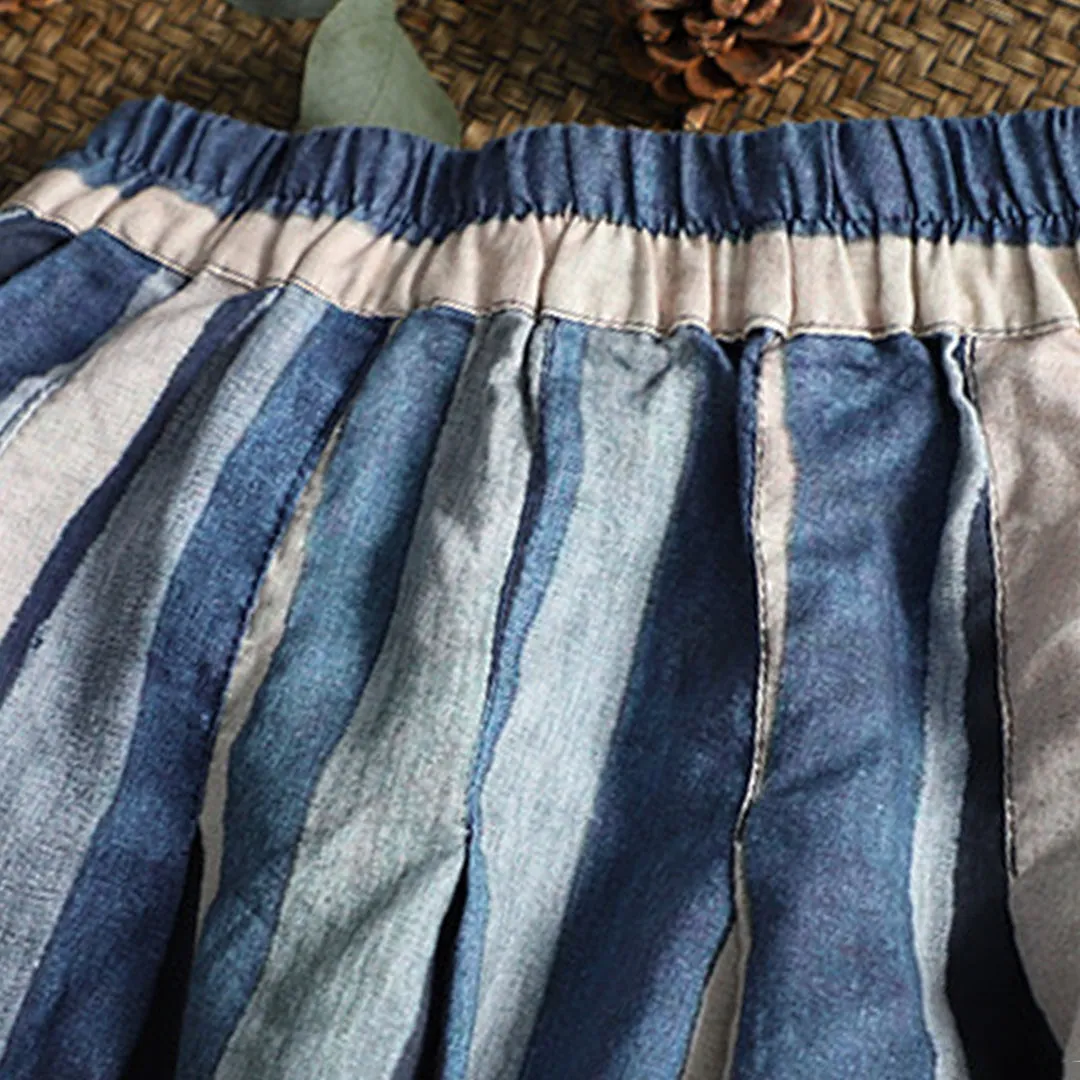 Linen Striped Casual Midi Skirt