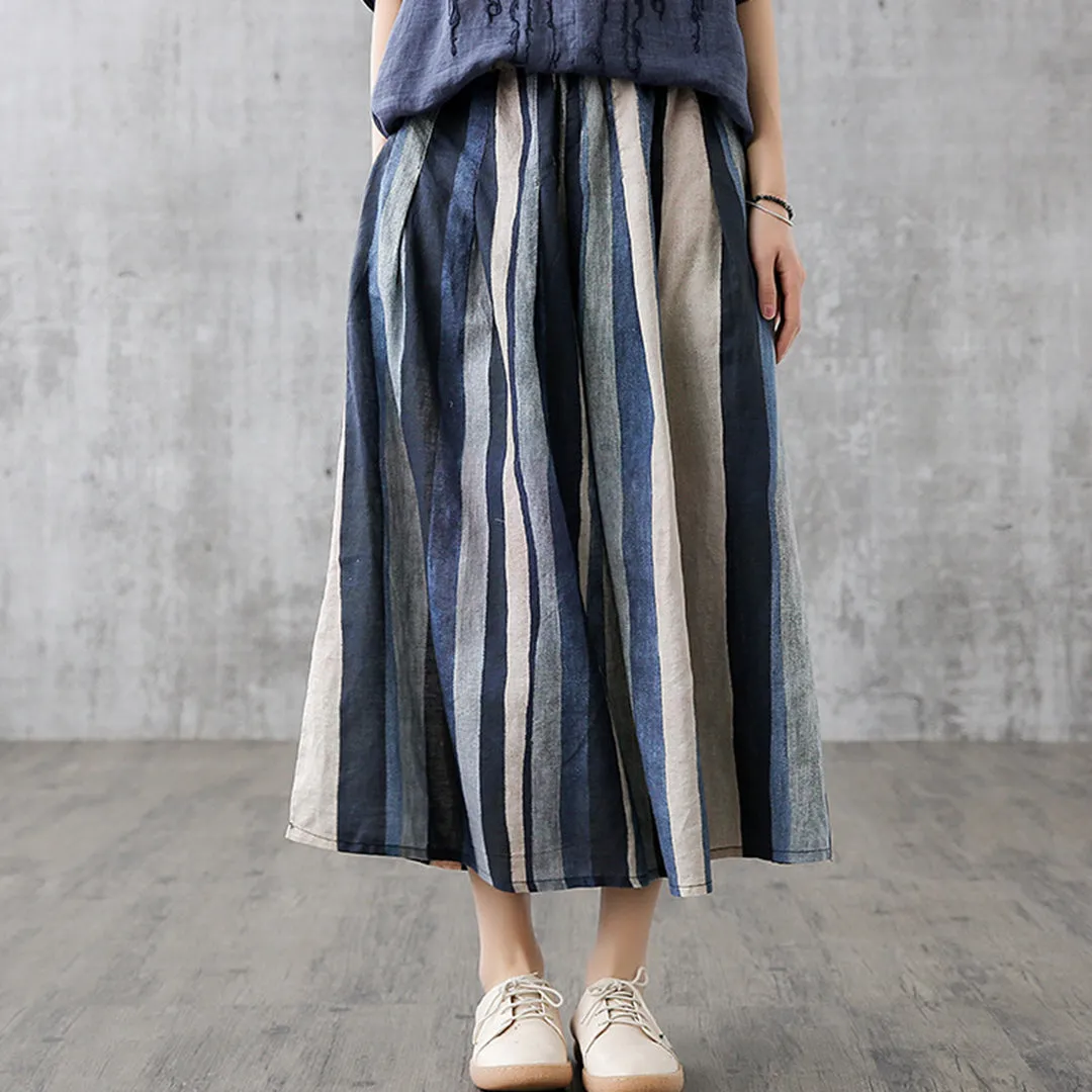 Linen Striped Casual Midi Skirt