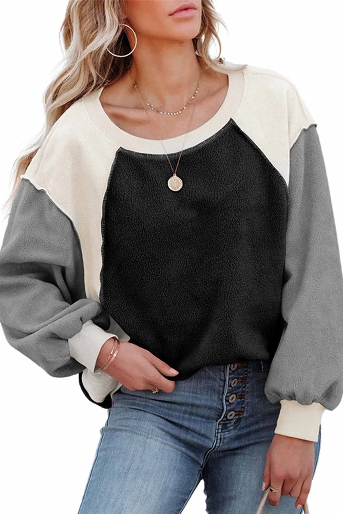 Long Sleeve Patchwork Fleece Sweatshirt