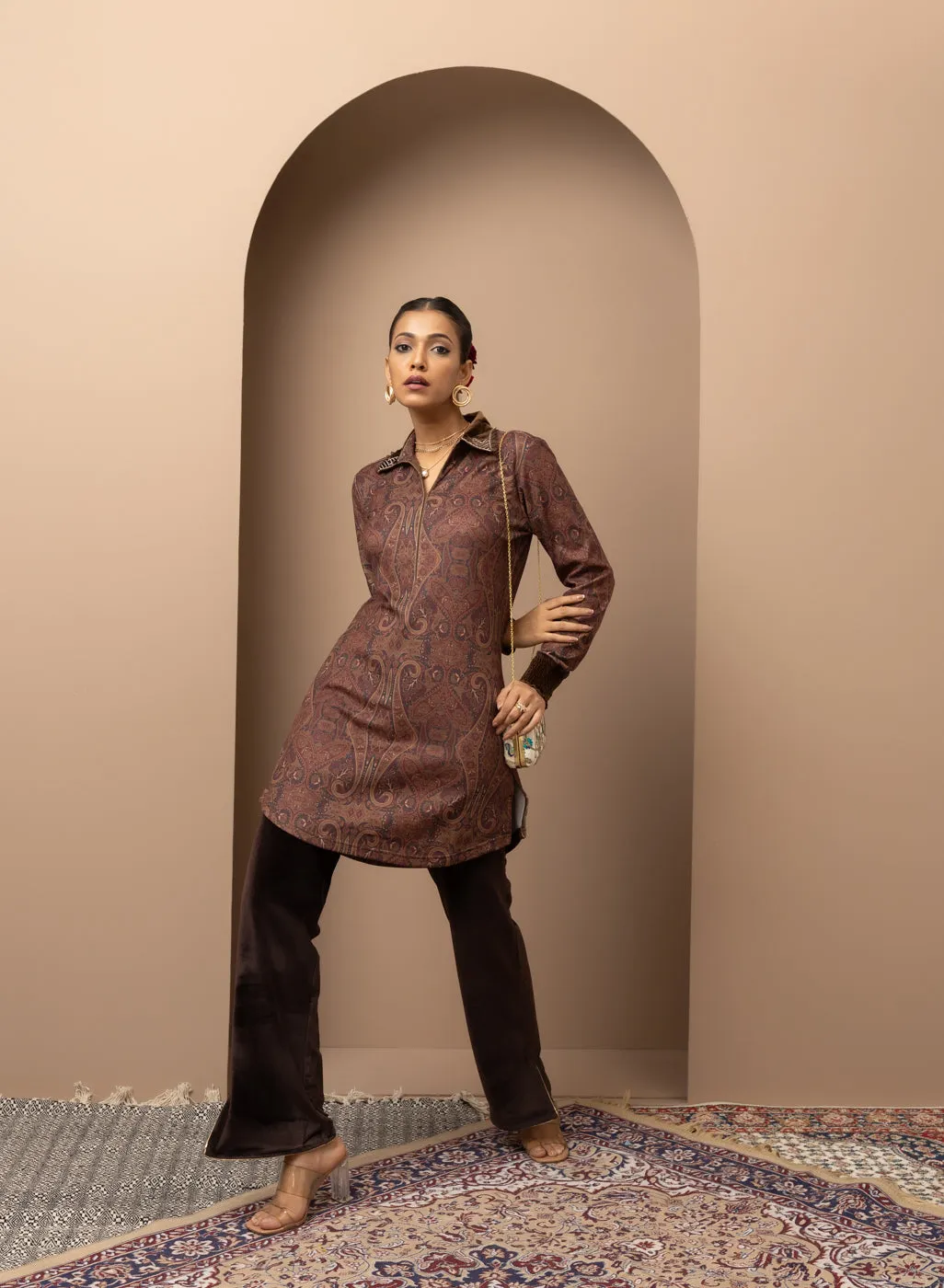 Maroon Printed Tunic with Embroidery on Collar