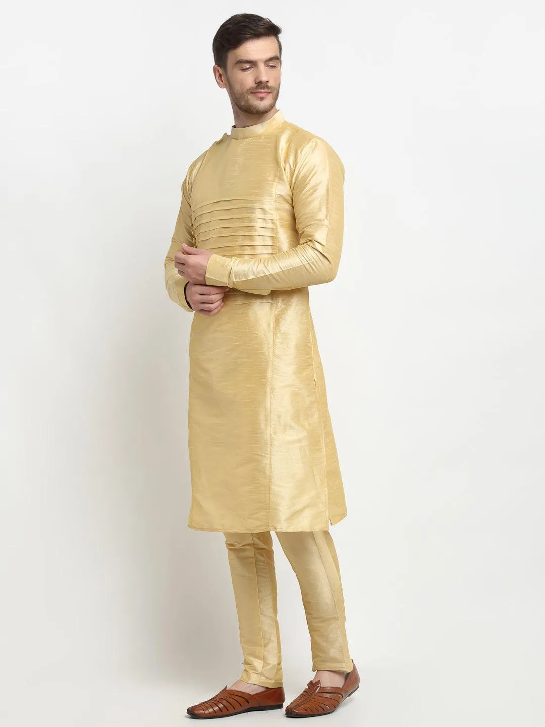 Men's Gold Solid Kurta With Churidaar Pyjama - Benstoke