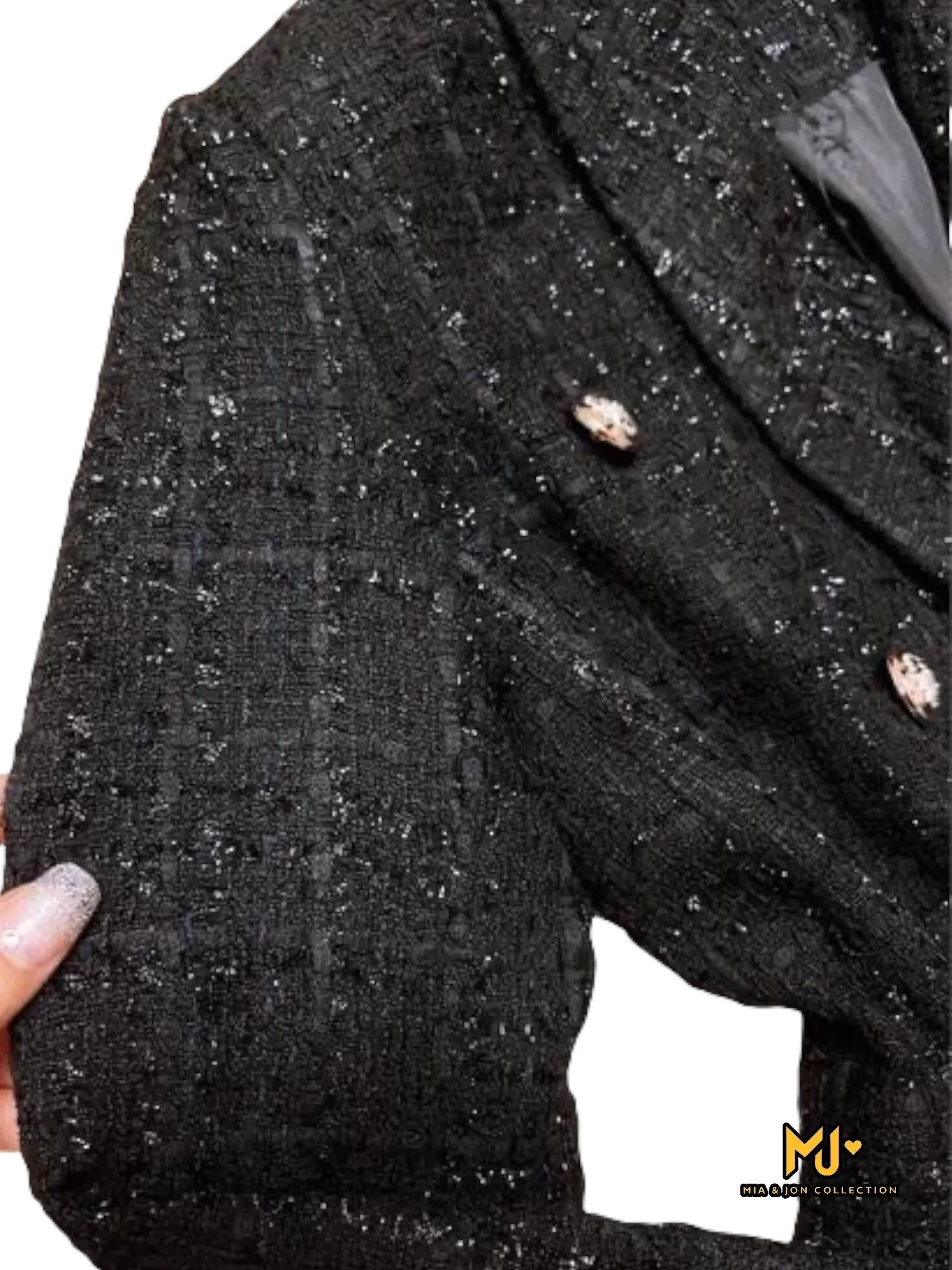 MJA2223  Black Tweed Double Breasted Blazer