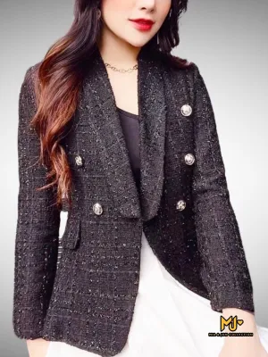 MJA2223  Black Tweed Double Breasted Blazer