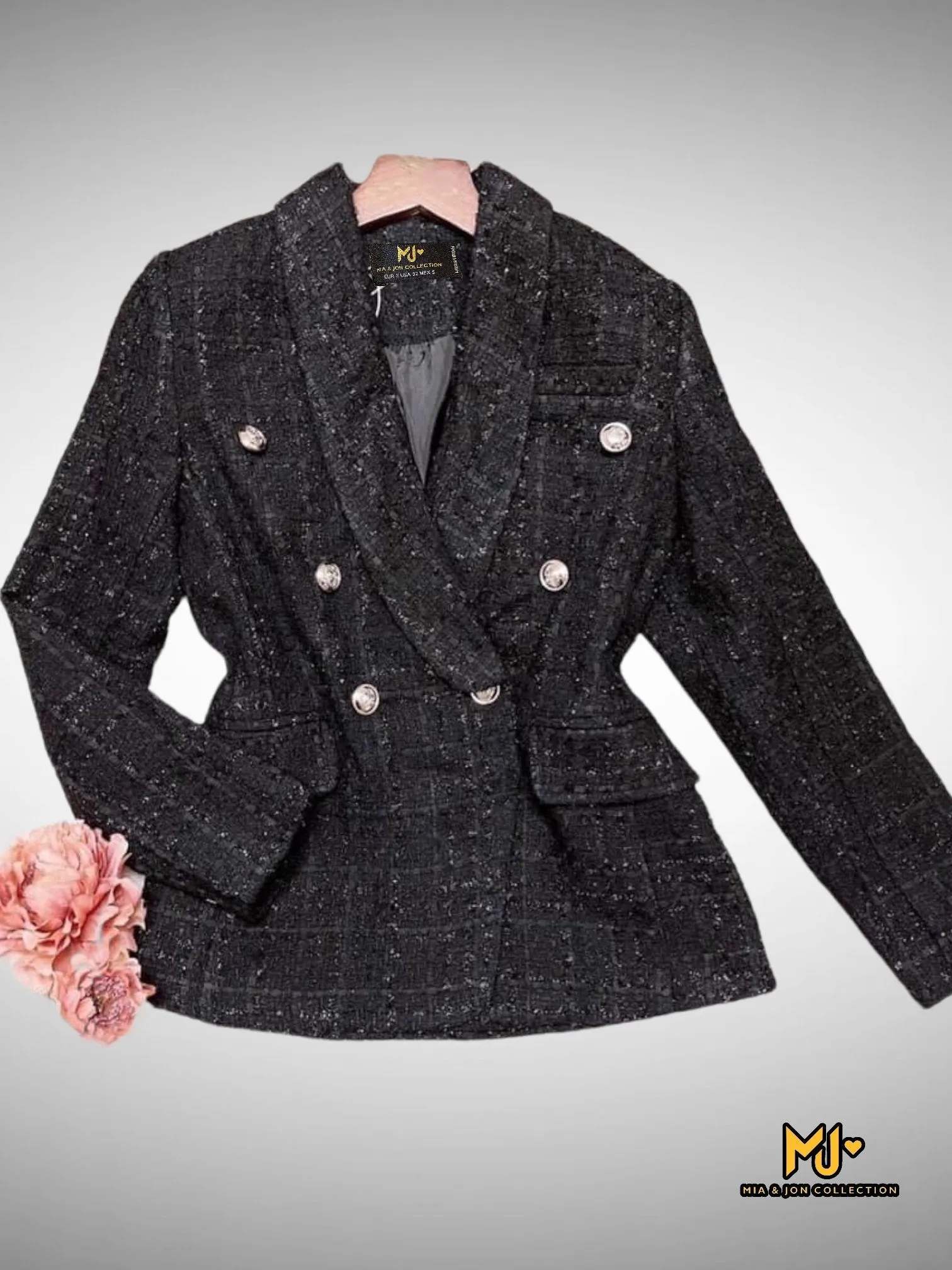 MJA2223  Black Tweed Double Breasted Blazer