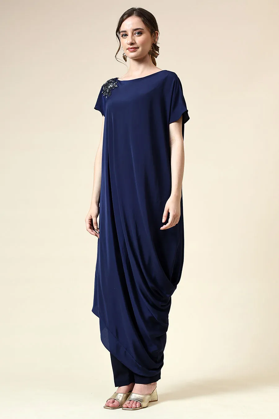 Navy Crystal Embellished Draped Co-Ord Set