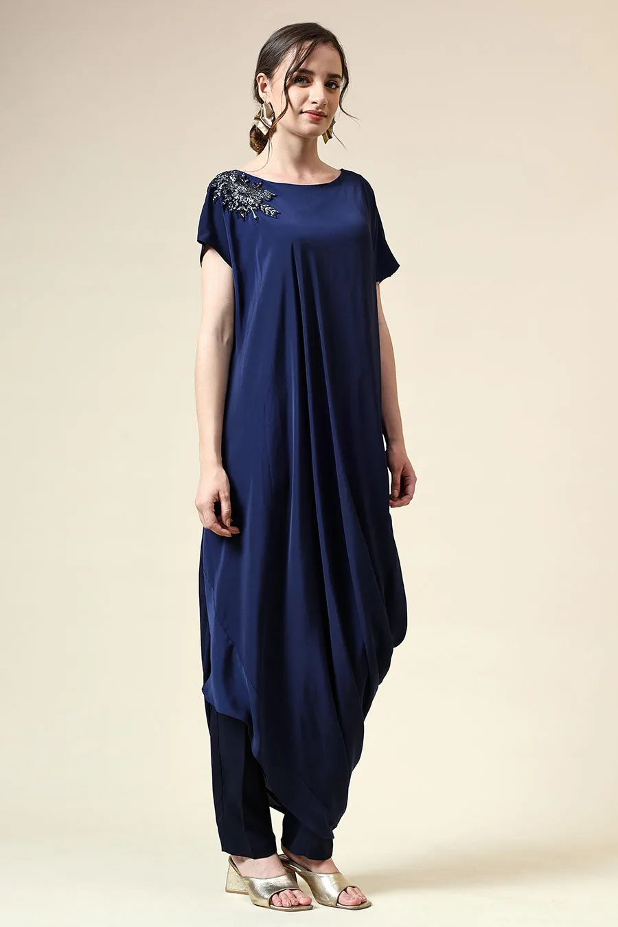 Navy Crystal Embellished Draped Co-Ord Set