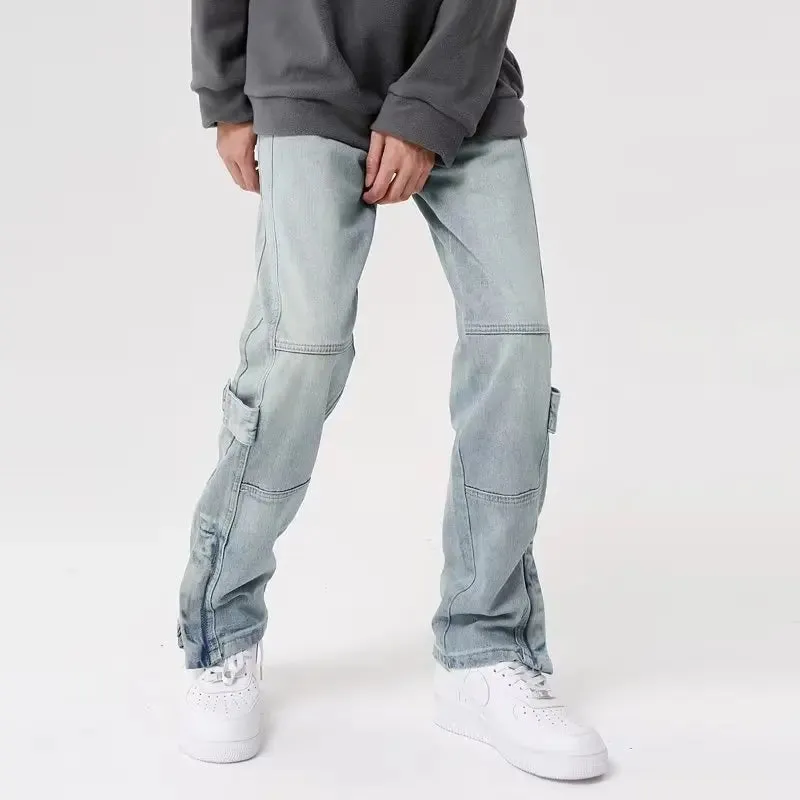 NEW Men's Blue Washed Ankle Zipper Straight Jeans