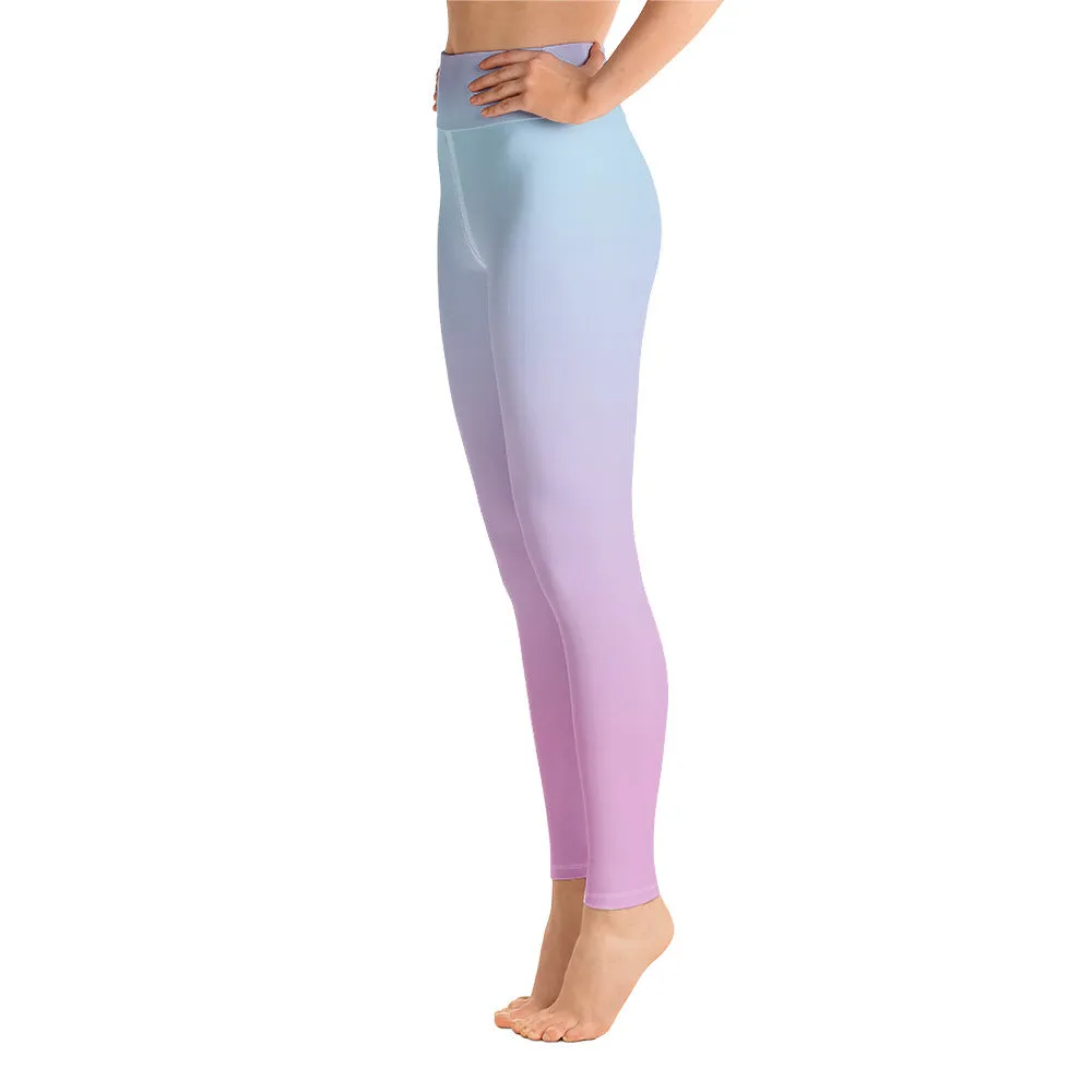 Ombre Pastel Blue Pink Leggings, Gradient Tie Dye Printed Yoga High Waist Pants Cute Print Graphic Workout Running Gym Fun Designer Gift for Her