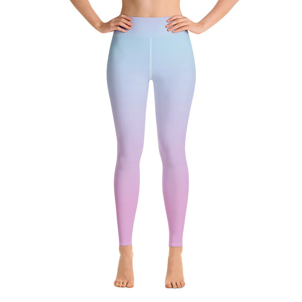Ombre Pastel Blue Pink Leggings, Gradient Tie Dye Printed Yoga High Waist Pants Cute Print Graphic Workout Running Gym Fun Designer Gift for Her