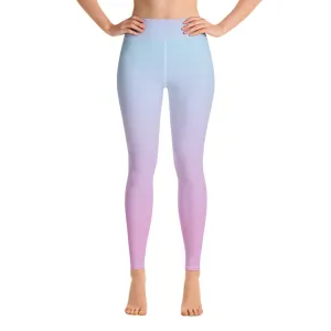Ombre Pastel Blue Pink Leggings, Gradient Tie Dye Printed Yoga High Waist Pants Cute Print Graphic Workout Running Gym Fun Designer Gift for Her
