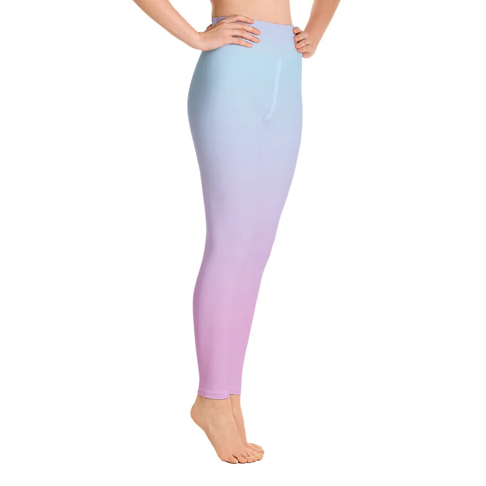 Ombre Pastel Blue Pink Leggings, Gradient Tie Dye Printed Yoga High Waist Pants Cute Print Graphic Workout Running Gym Fun Designer Gift for Her