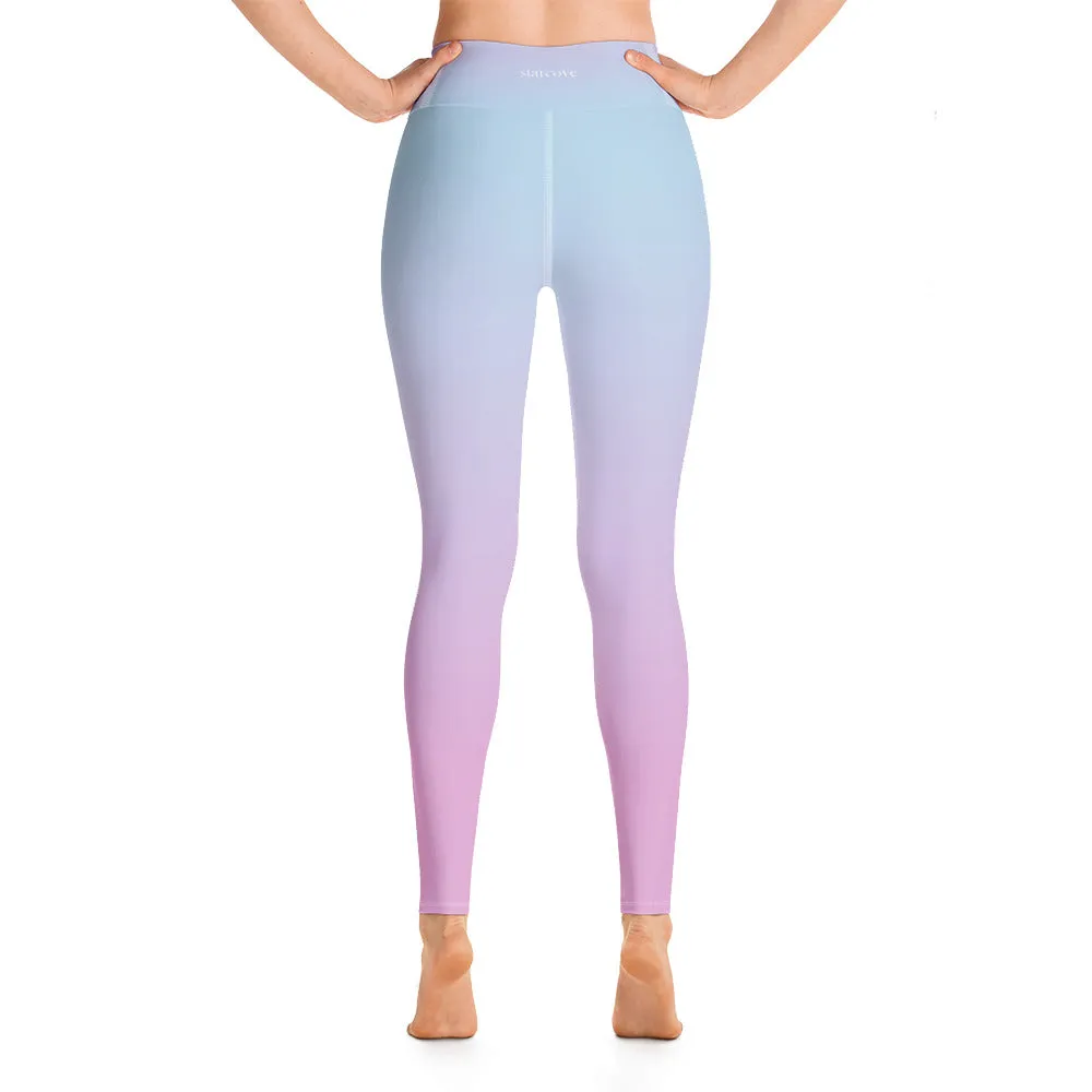 Ombre Pastel Blue Pink Leggings, Gradient Tie Dye Printed Yoga High Waist Pants Cute Print Graphic Workout Running Gym Fun Designer Gift for Her