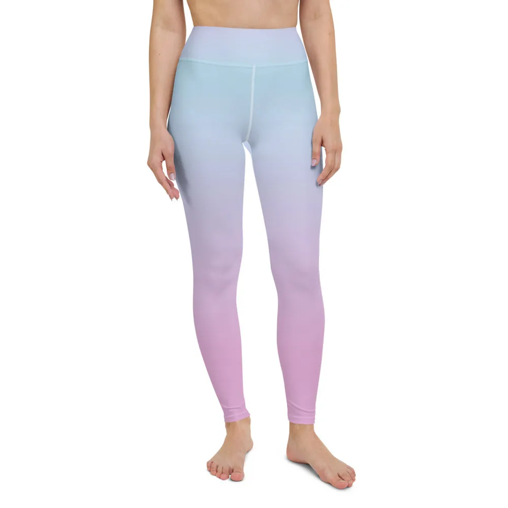 Ombre Pastel Blue Pink Leggings, Gradient Tie Dye Printed Yoga High Waist Pants Cute Print Graphic Workout Running Gym Fun Designer Gift for Her