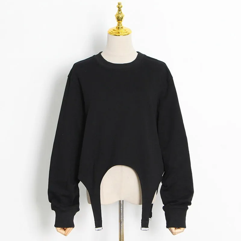 Patchwork Tape Sweatshirt For Female O Neck Long Sleeve High Waist Loose Solid Color Women's Casual Sweatshirt