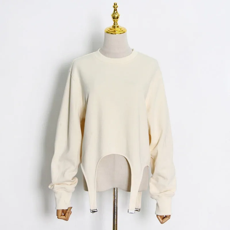 Patchwork Tape Sweatshirt For Female O Neck Long Sleeve High Waist Loose Solid Color Women's Casual Sweatshirt