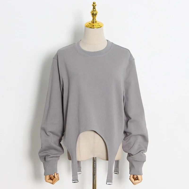 Patchwork Tape Sweatshirt For Female O Neck Long Sleeve High Waist Loose Solid Color Women's Casual Sweatshirt