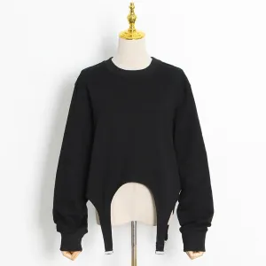 Patchwork Tape Sweatshirt For Female O Neck Long Sleeve High Waist Loose Solid Color Women's Casual Sweatshirt