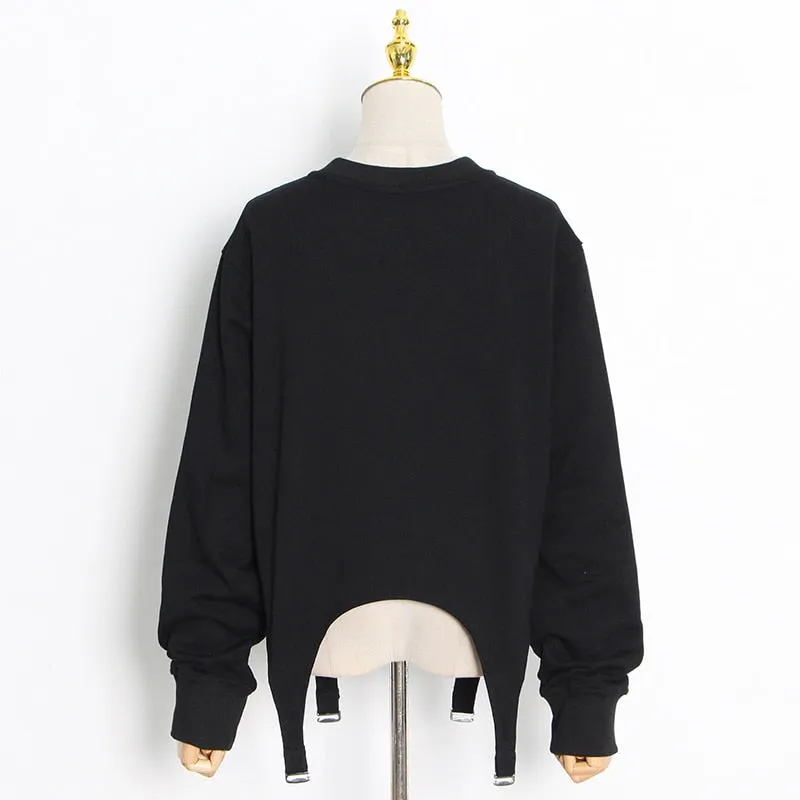 Patchwork Tape Sweatshirt For Female O Neck Long Sleeve High Waist Loose Solid Color Women's Casual Sweatshirt