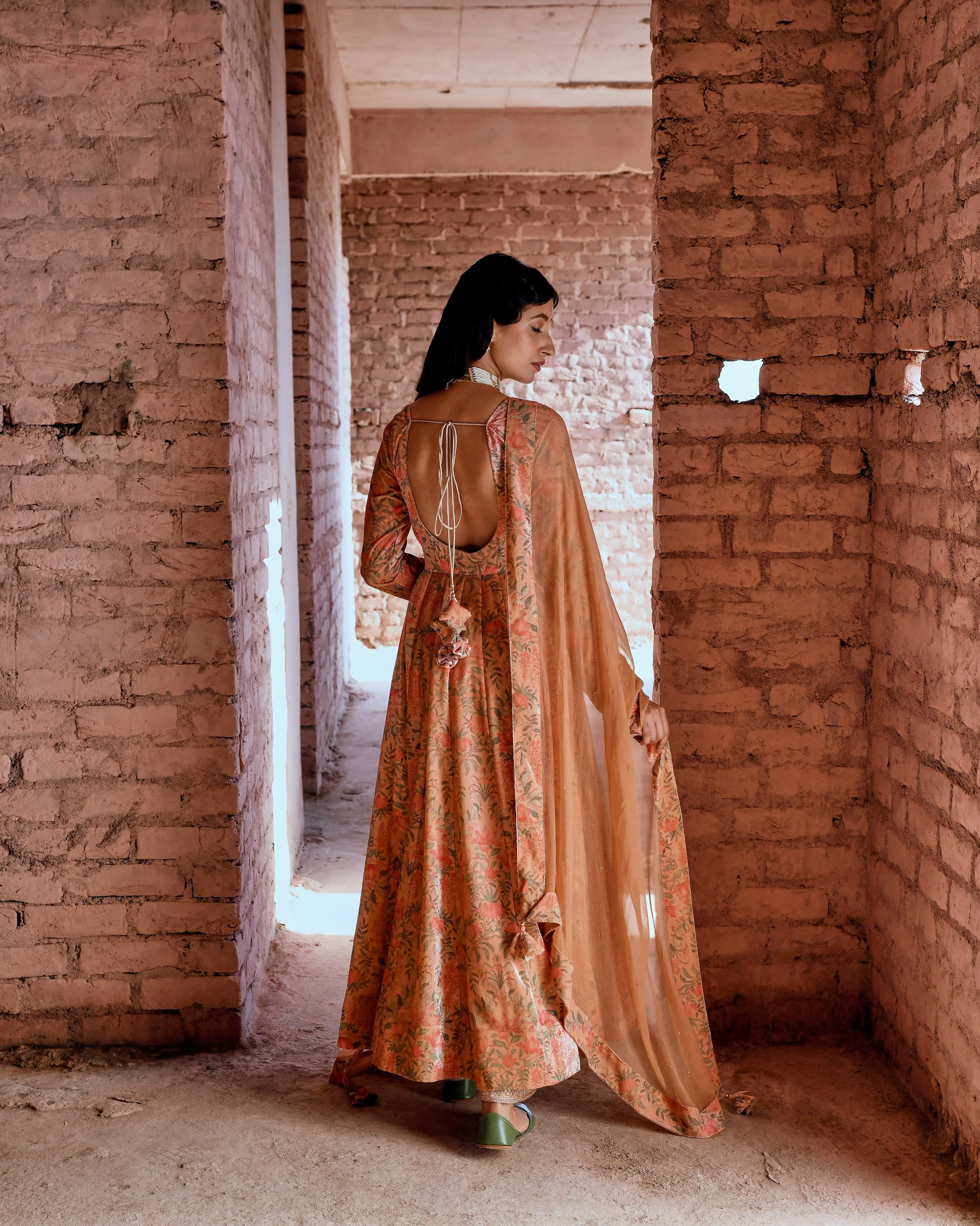 PEACH FLARED MAKHMAL ANARKALI SET