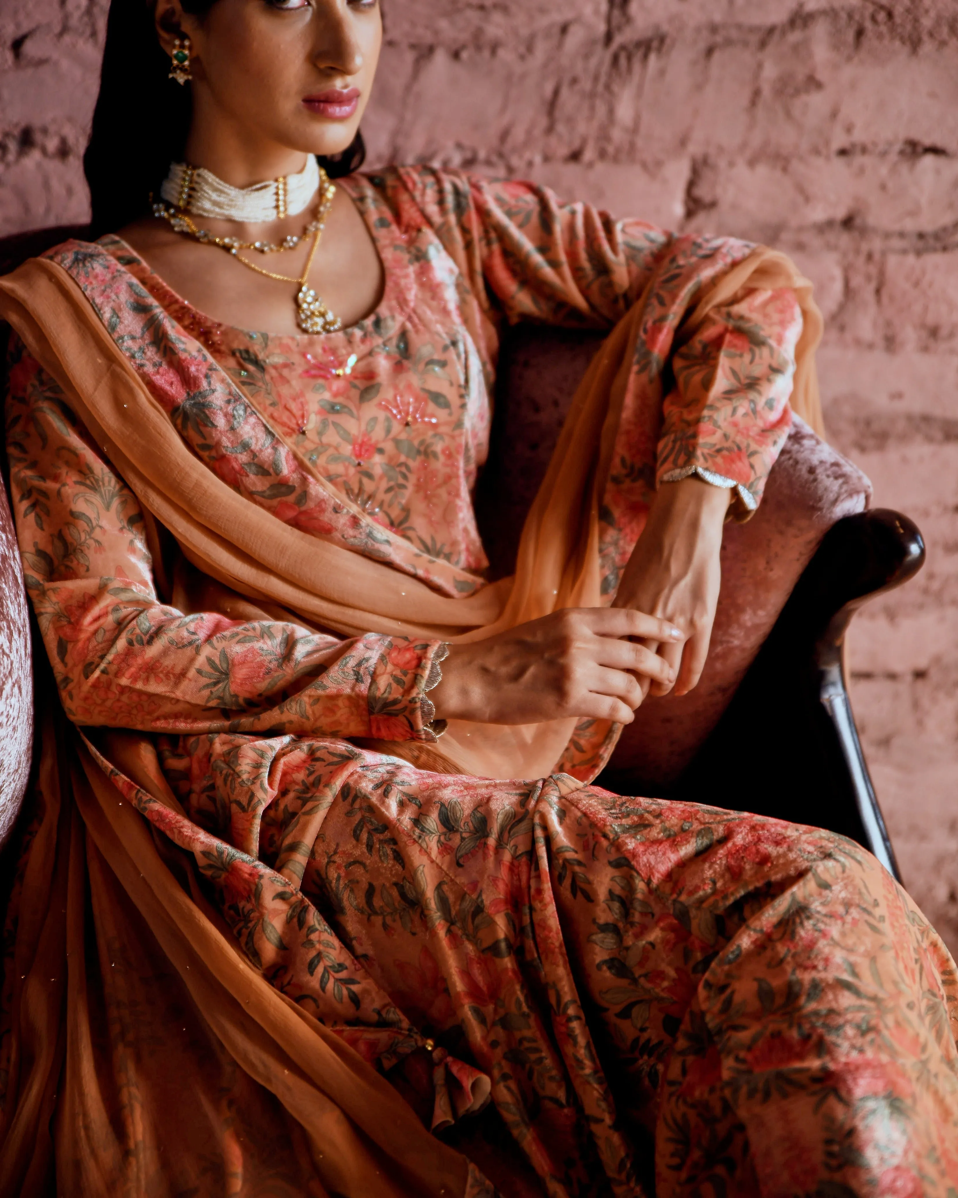 PEACH FLARED MAKHMAL ANARKALI SET