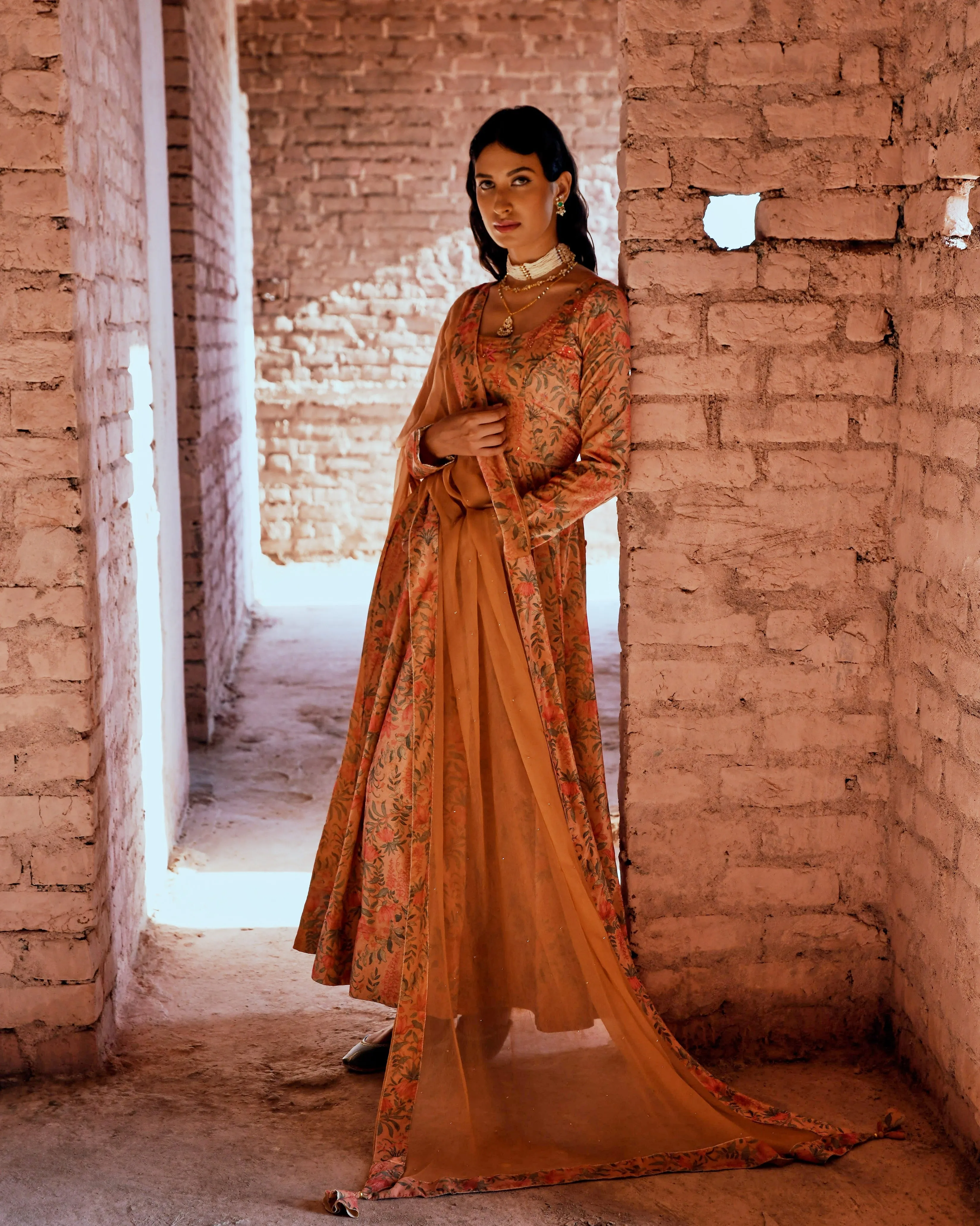 PEACH FLARED MAKHMAL ANARKALI SET