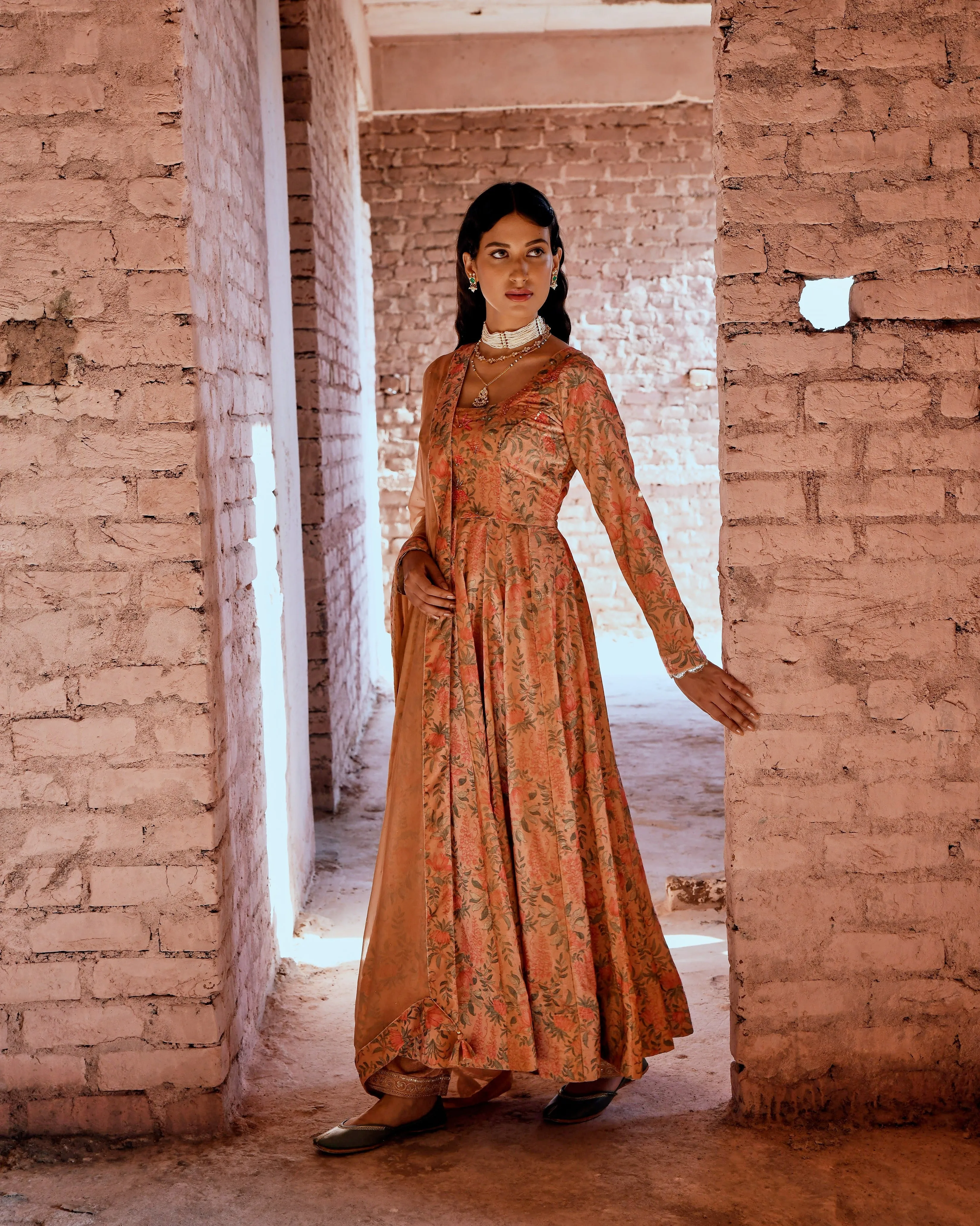 PEACH FLARED MAKHMAL ANARKALI SET