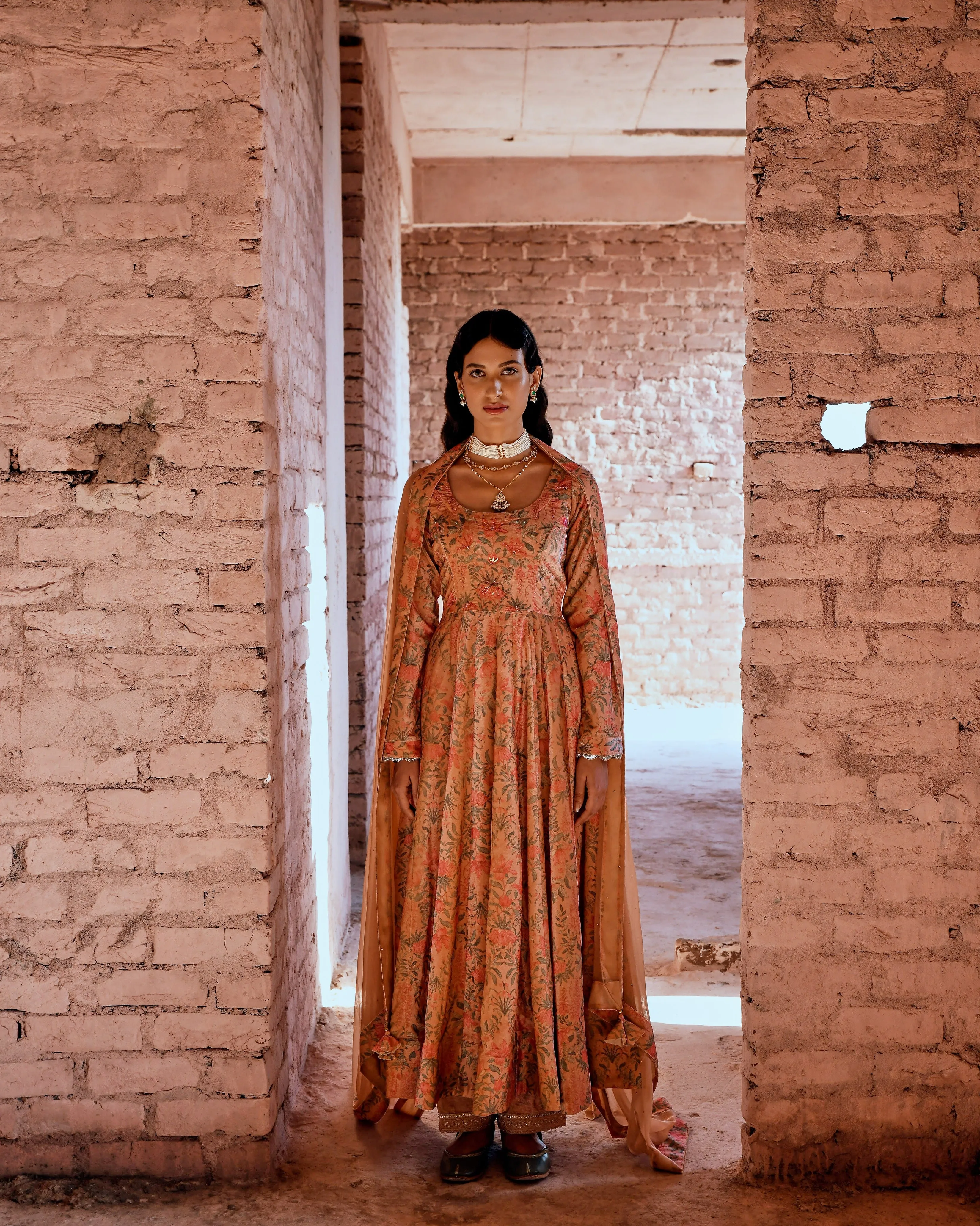 PEACH FLARED MAKHMAL ANARKALI SET