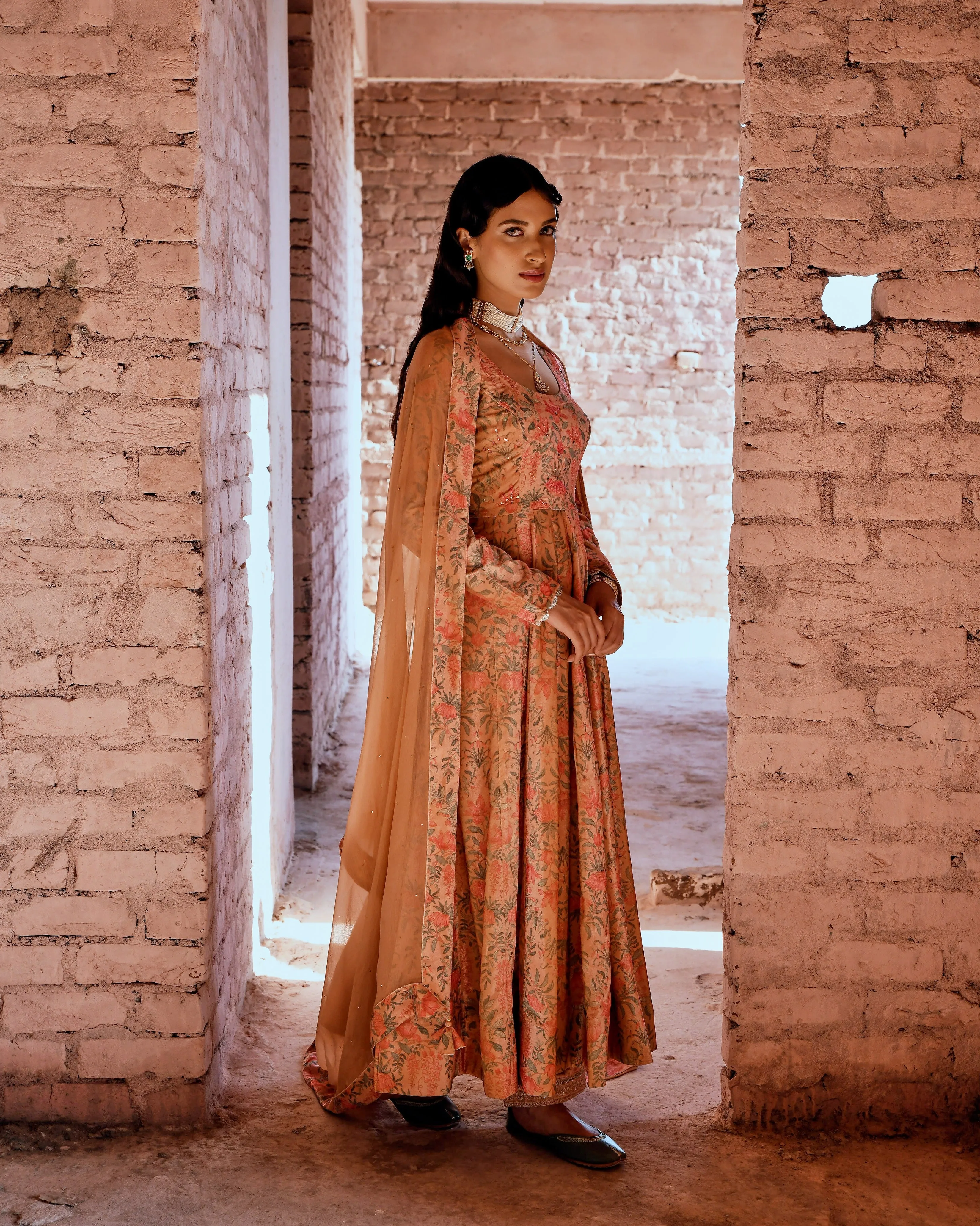 PEACH FLARED MAKHMAL ANARKALI SET