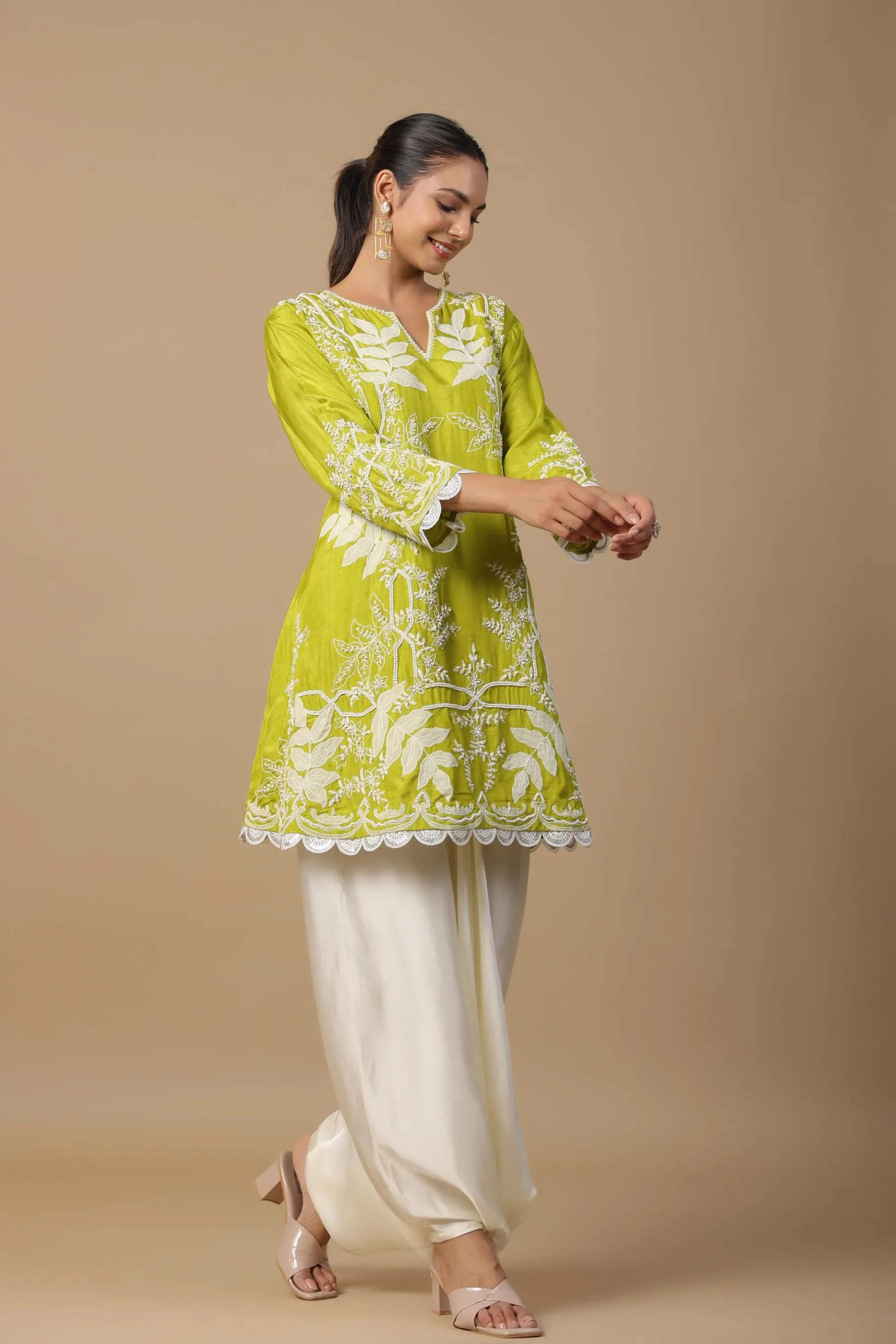 Pear Green Embroidered Raw Silk Tunic & Afghani Pants Set