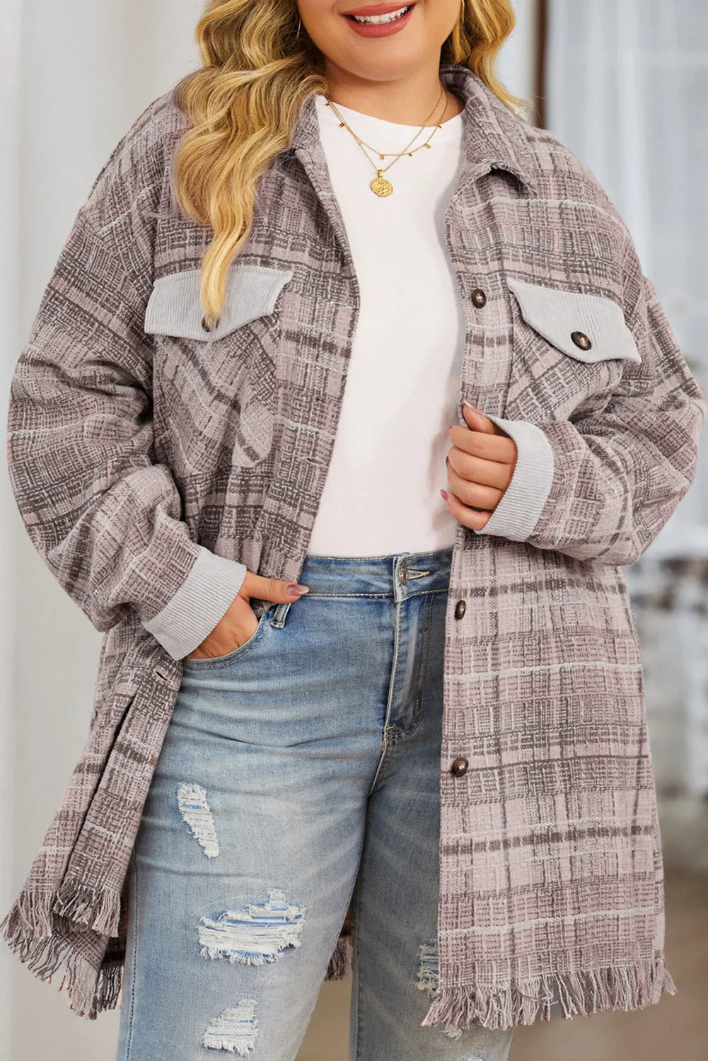 Pink Plus Size Macrame Plaid Coat