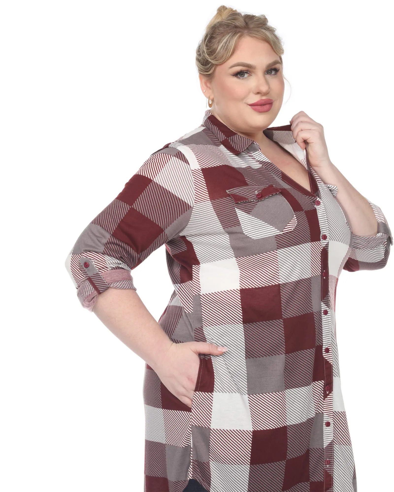 Plaid Button Down Tunic Shirt | Burgundy White
