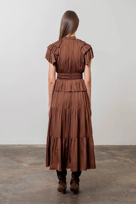 Pleated Short Sleeve Front Tie Tiered Midi Dress